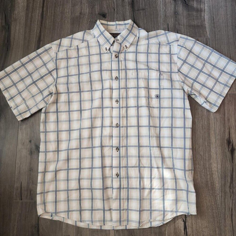 Ariat Shirt Mens Large Beige Blue Plaid Button Down Short Sleeve Western Rodeo